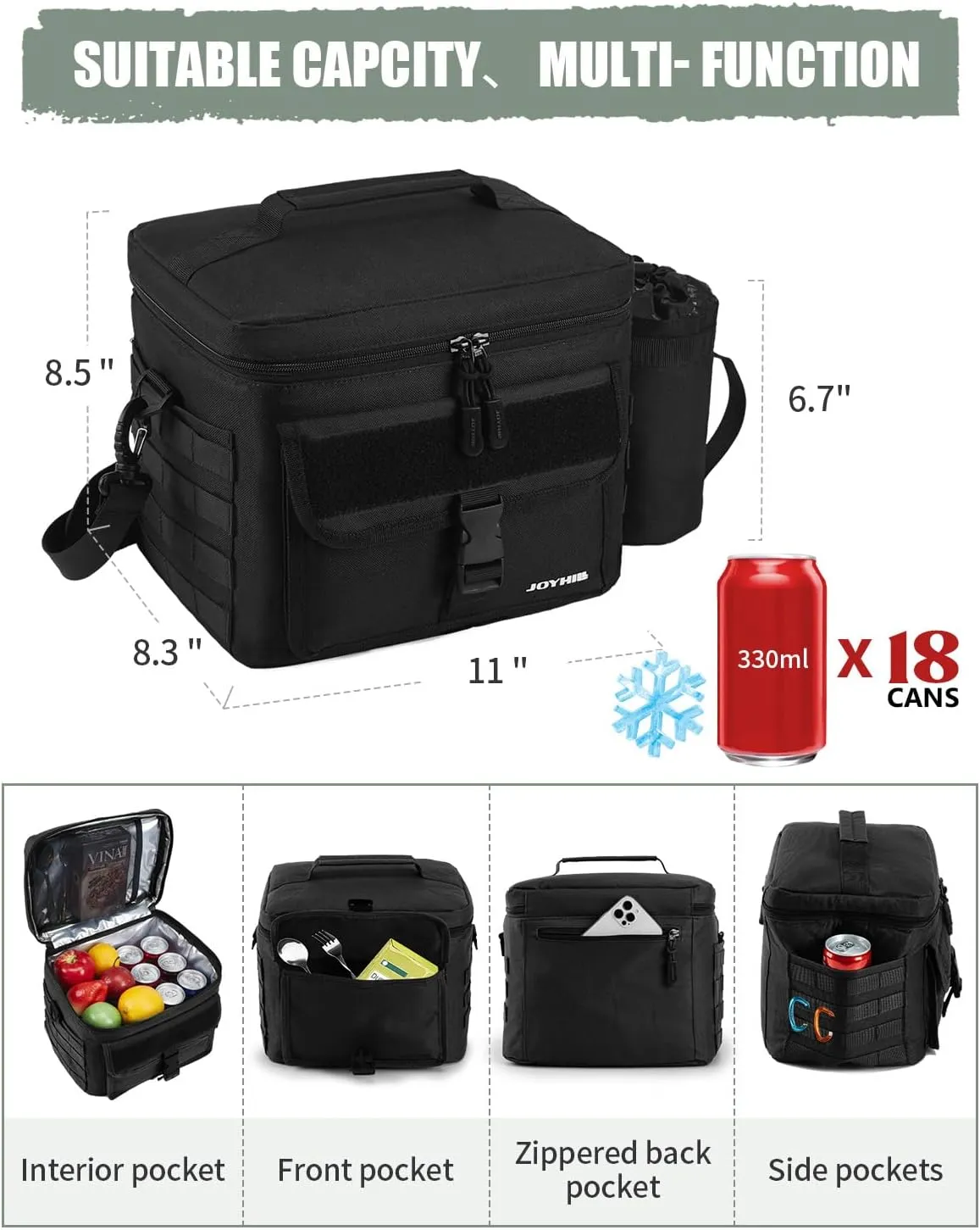 JOYHILL Tactical Lunch Box for Men, Insulated Lunch Bag with Detachable Bottle Pouch Holder, Large Durable Thermal Cooler Bag for Adult, Leakproof Bag for Work, Camping, Picnic, Sandy,13 L/18 Can