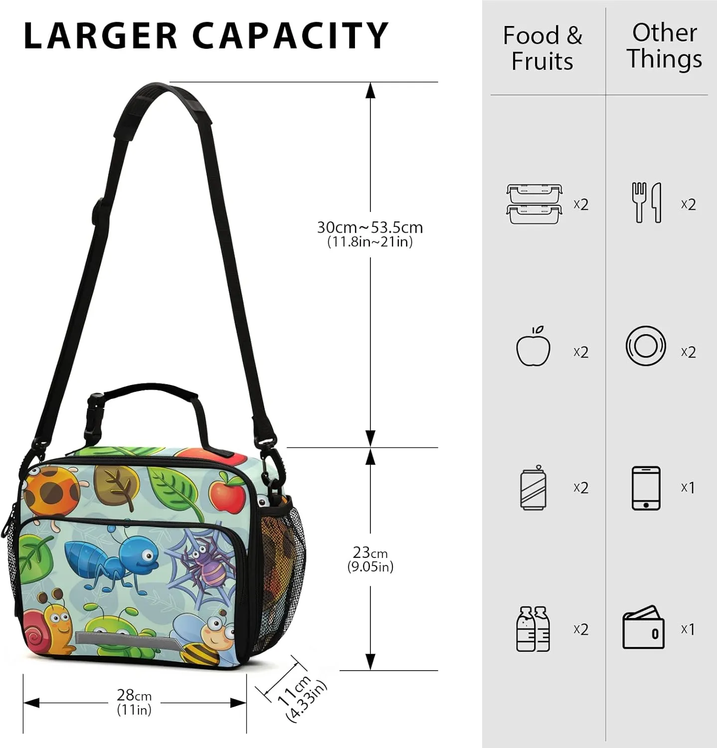 Kcldeci Cute Bugs Bees Insulated Lunch Bag for Women Men, Snails Spider Apple )Reusable Lunch Box, Cooler Lunch Bag with Adjustable Shoulder Strap Large Lunch Box