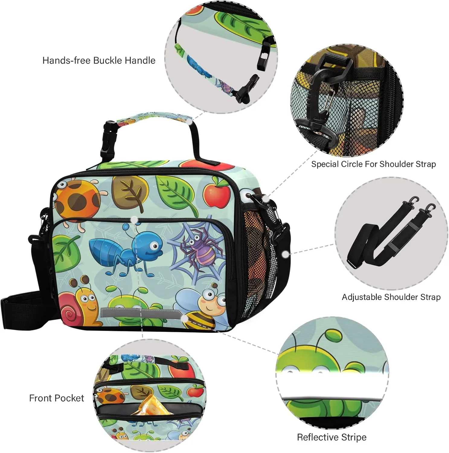 Kcldeci Cute Bugs Bees Insulated Lunch Bag for Women Men, Snails Spider Apple )Reusable Lunch Box, Cooler Lunch Bag with Adjustable Shoulder Strap Large Lunch Box