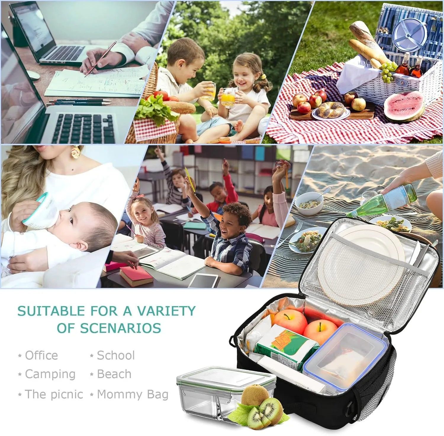 Kcldeci Cute Bugs Bees Insulated Lunch Bag for Women Men, Snails Spider Apple )Reusable Lunch Box, Cooler Lunch Bag with Adjustable Shoulder Strap Large Lunch Box