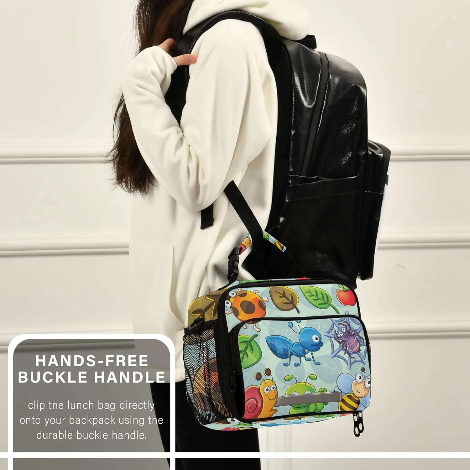Kcldeci Cute Bugs Bees Insulated Lunch Bag for Women Men, Snails Spider Apple )Reusable Lunch Box, Cooler Lunch Bag with Adjustable Shoulder Strap Large Lunch Box
