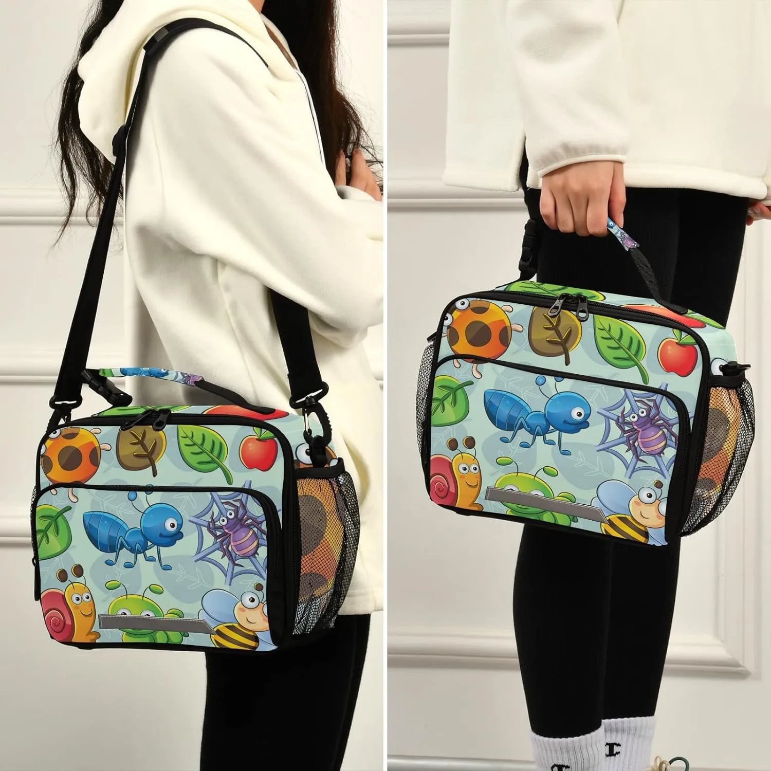 Kcldeci Cute Bugs Bees Insulated Lunch Bag for Women Men, Snails Spider Apple )Reusable Lunch Box, Cooler Lunch Bag with Adjustable Shoulder Strap Large Lunch Box