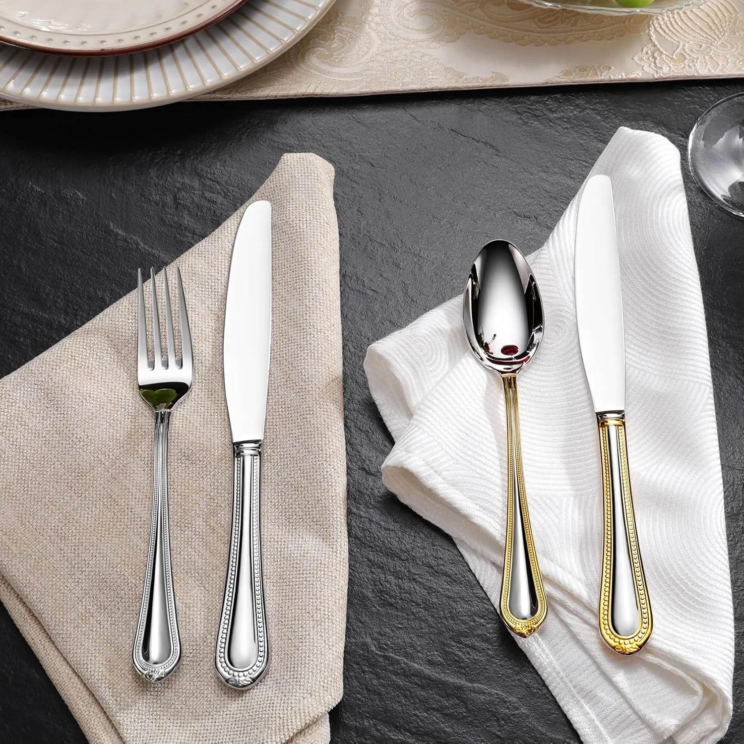 KEAWELL Pearl Edge Premium 45-Piece Refined Bead Silverware Set, 18/10 Stainless Steel, Service for 8, Fine Flatware Set with Serving Utensils, Dishwasher Safe (45, Gold Accent)