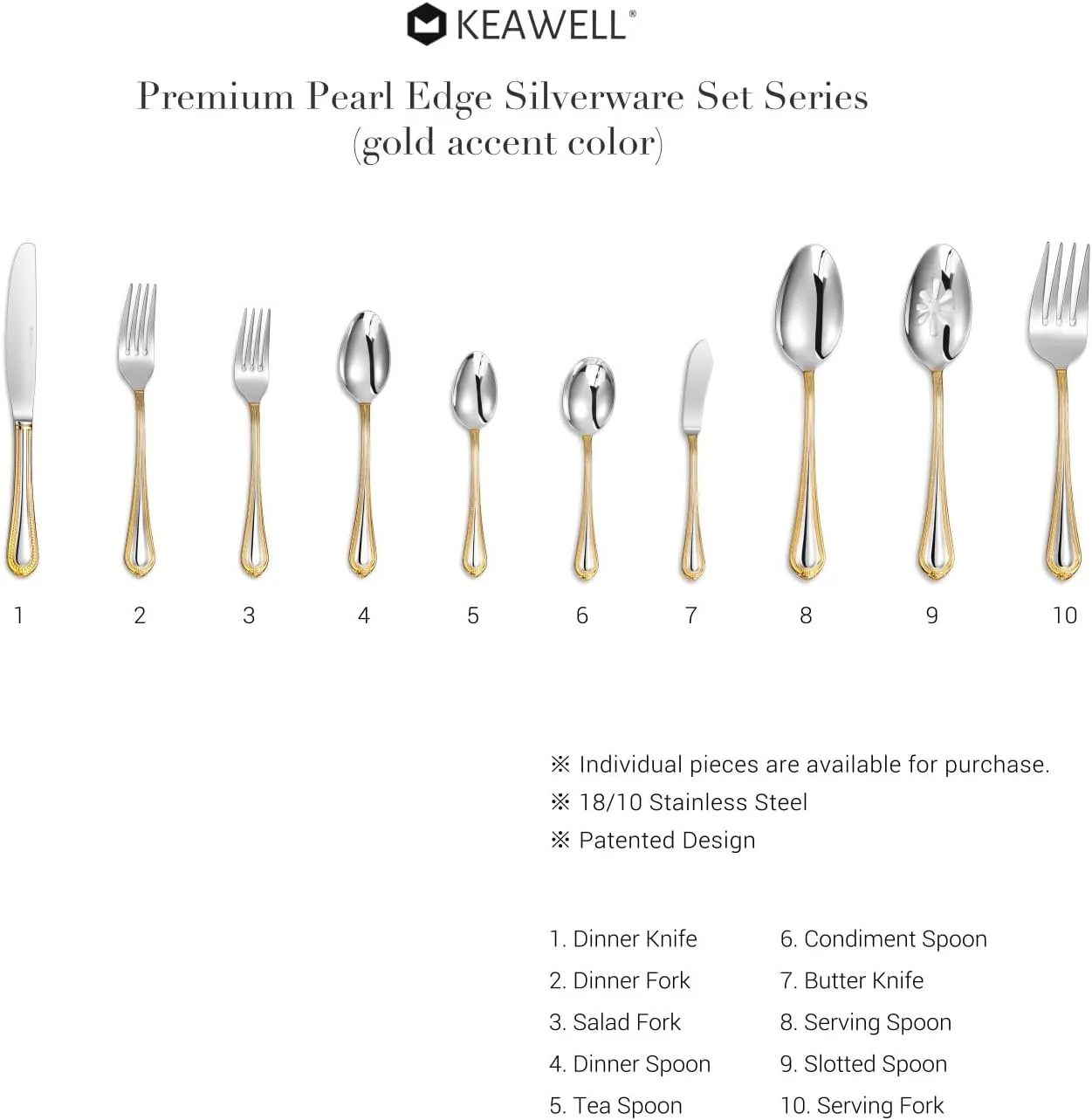 KEAWELL Pearl Edge Premium 45-Piece Refined Bead Silverware Set, 18/10 Stainless Steel, Service for 8, Fine Flatware Set with Serving Utensils, Dishwasher Safe (45, Gold Accent)