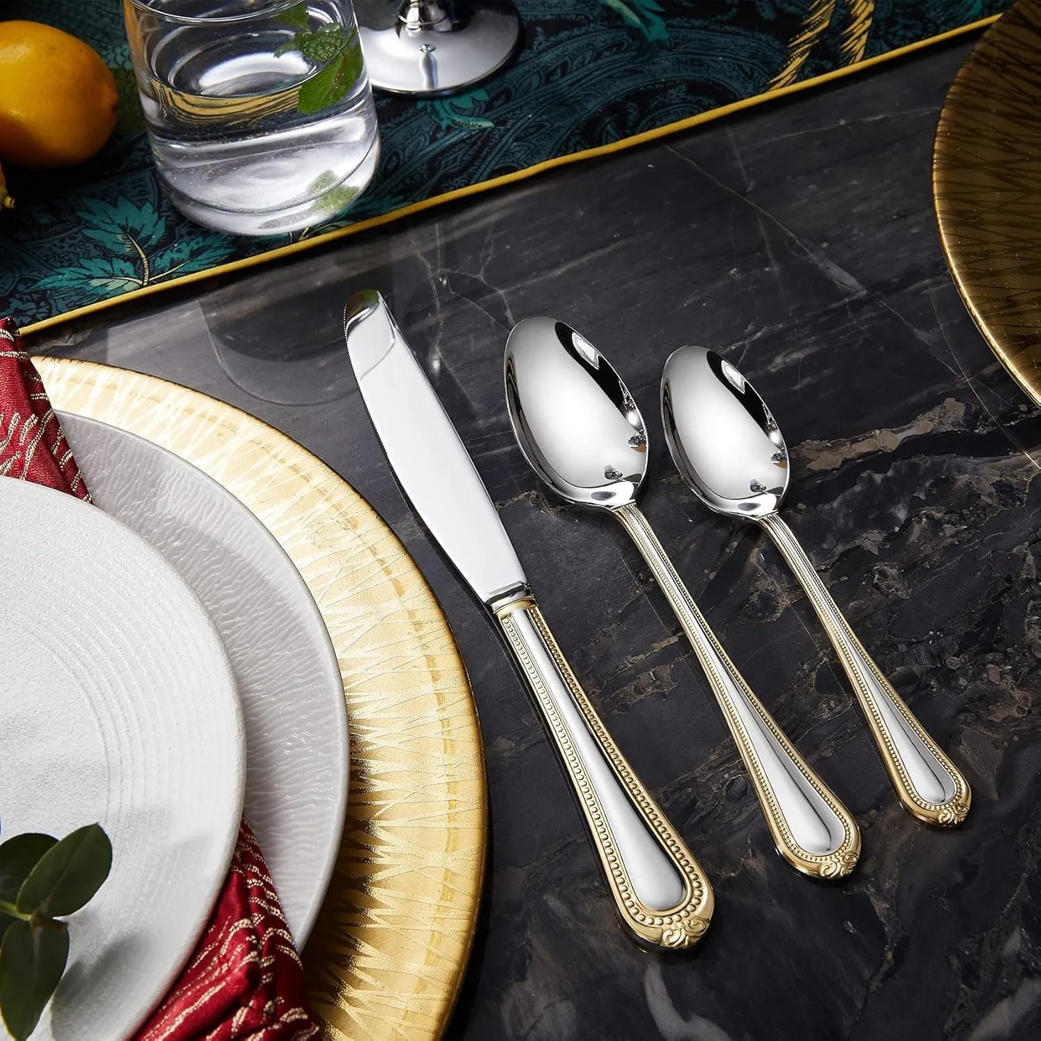 KEAWELL Pearl Edge Premium 45-Piece Refined Bead Silverware Set, 18/10 Stainless Steel, Service for 8, Fine Flatware Set with Serving Utensils, Dishwasher Safe (45, Gold Accent)