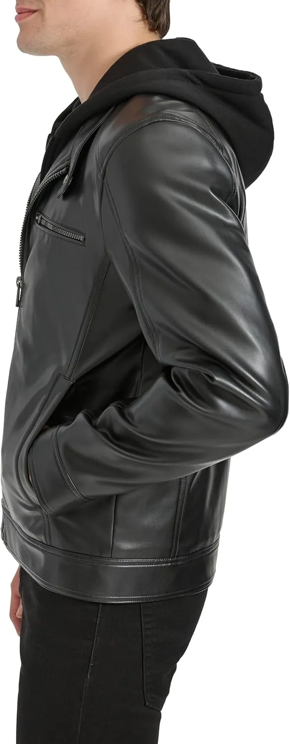 Kenneth Cole Men's Faux Leather Moto with Jersey Attached Hood