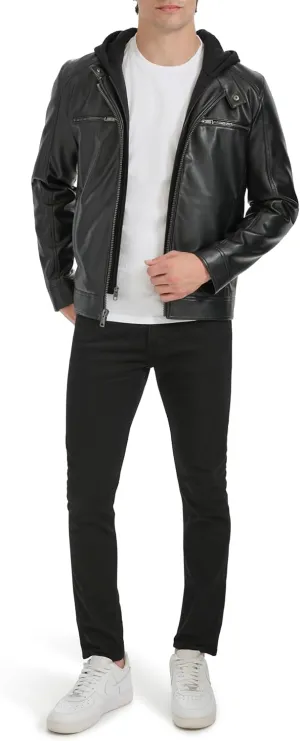 Kenneth Cole Men's Faux Leather Moto with Jersey Attached Hood