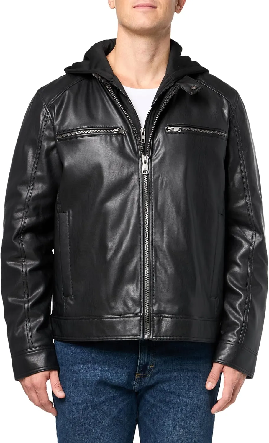 Kenneth Cole Men's Faux Leather Moto with Jersey Attached Hood