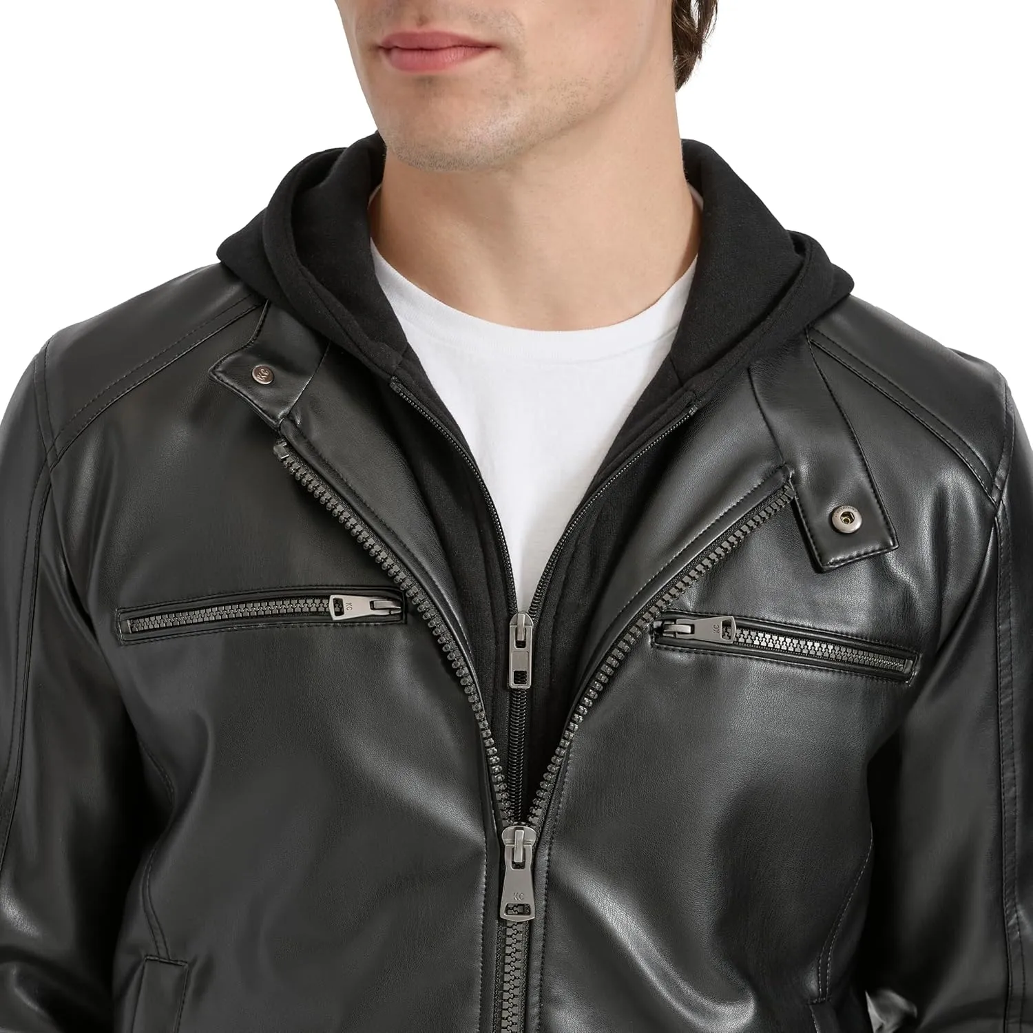 Kenneth Cole Men's Faux Leather Moto with Jersey Attached Hood