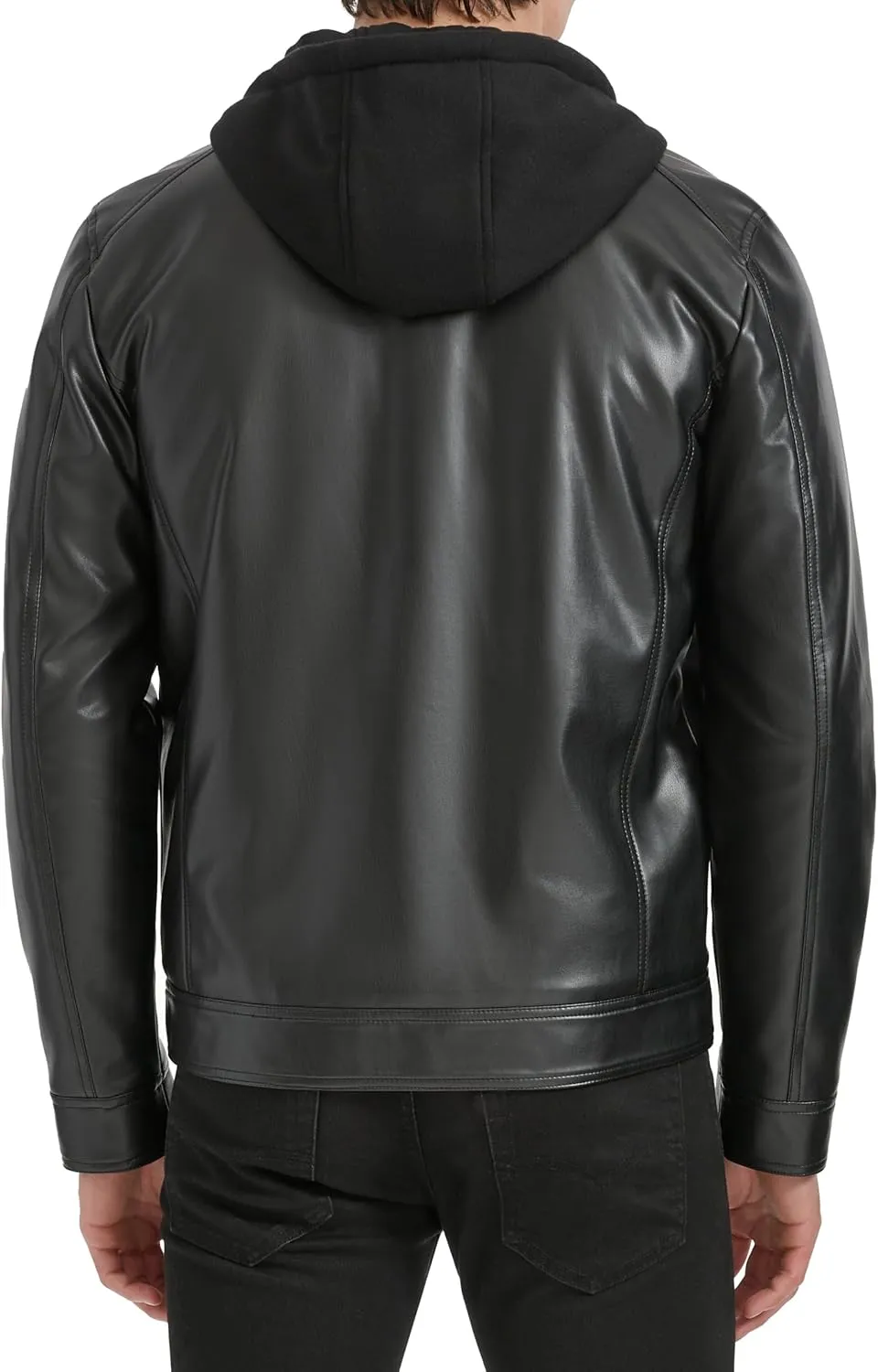 Kenneth Cole Men's Faux Leather Moto with Jersey Attached Hood