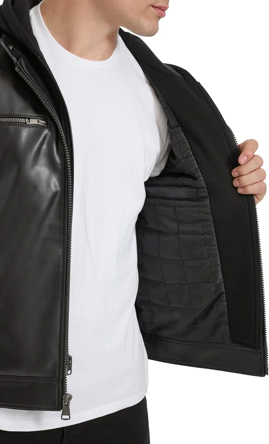 Kenneth Cole Men's Faux Leather Moto with Jersey Attached Hood