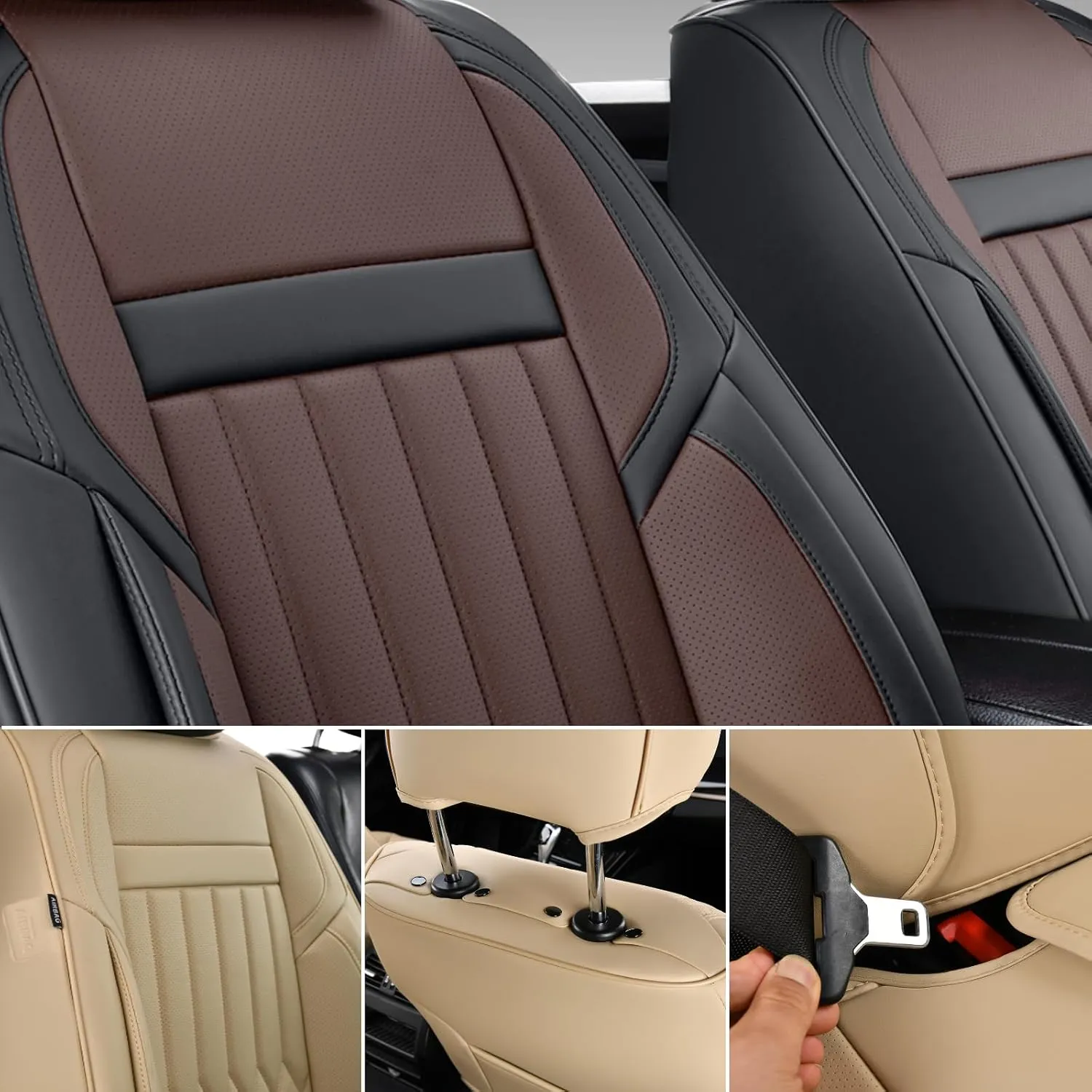 KEYOOG 2-Seater Waterproof and Breathable Nappa Leather Car Seat Covers Full Set, Fit for Front Seats of Cars, Compatible with Airbags, Car Seat Protector Covers for Most Cars - Black Coffee