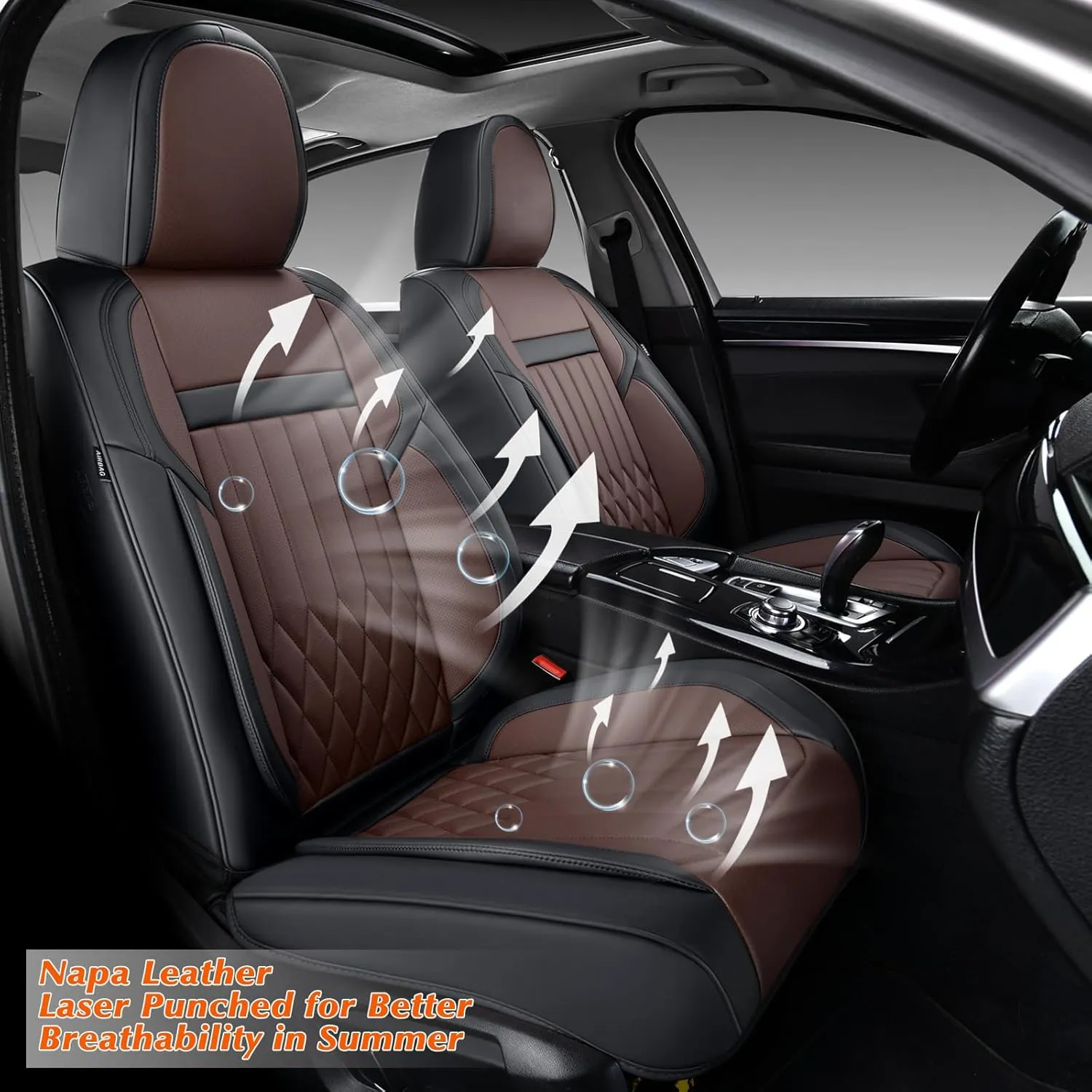 KEYOOG 2-Seater Waterproof and Breathable Nappa Leather Car Seat Covers Full Set, Fit for Front Seats of Cars, Compatible with Airbags, Car Seat Protector Covers for Most Cars - Black Coffee