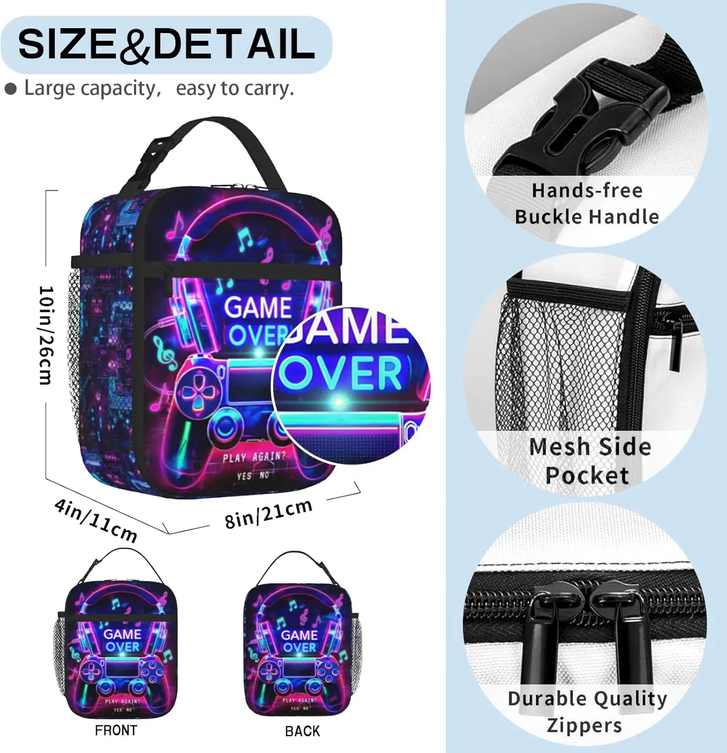 Kids Game Lunch Box For School Insulated Gaming Lunchbox Reusable Portable Lunch Bag With Adjustable Shoulder Strap For Boys Girls School Picnic Hiking Work