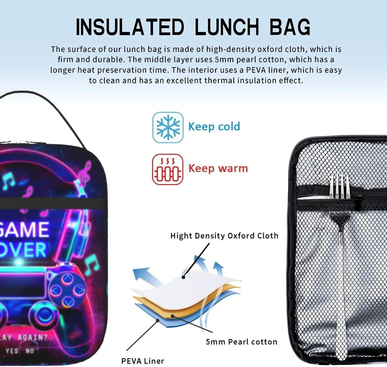 Kids Game Lunch Box For School Insulated Gaming Lunchbox Reusable Portable Lunch Bag With Adjustable Shoulder Strap For Boys Girls School Picnic Hiking Work