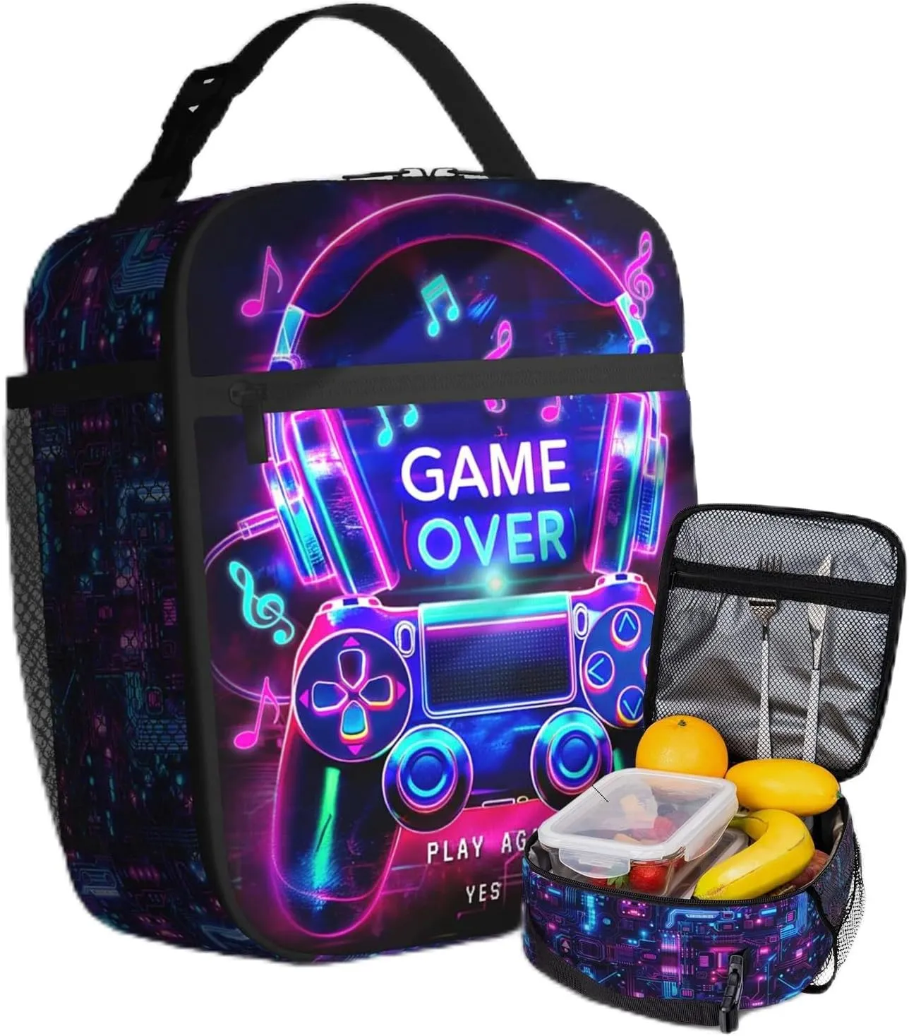 Kids Game Lunch Box For School Insulated Gaming Lunchbox Reusable Portable Lunch Bag With Adjustable Shoulder Strap For Boys Girls School Picnic Hiking Work
