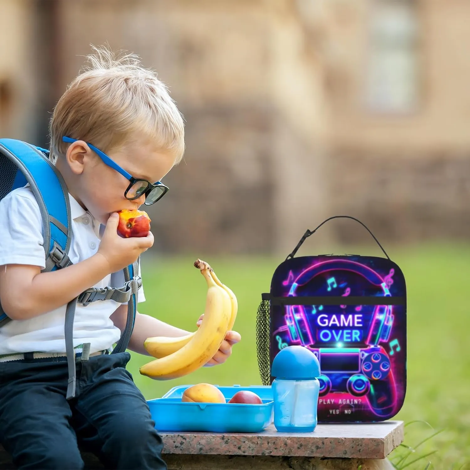 Kids Game Lunch Box For School Insulated Gaming Lunchbox Reusable Portable Lunch Bag With Adjustable Shoulder Strap For Boys Girls School Picnic Hiking Work