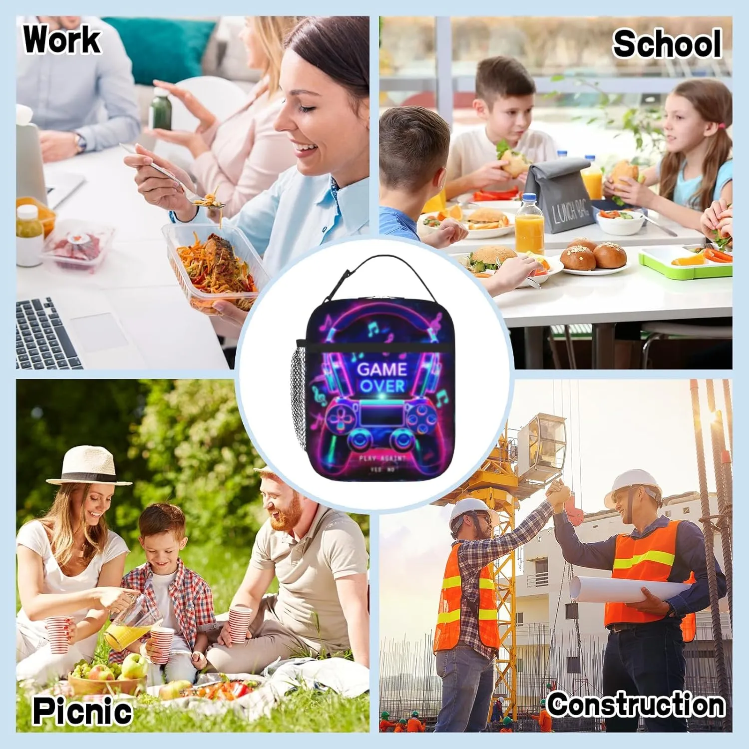 Kids Game Lunch Box For School Insulated Gaming Lunchbox Reusable Portable Lunch Bag With Adjustable Shoulder Strap For Boys Girls School Picnic Hiking Work