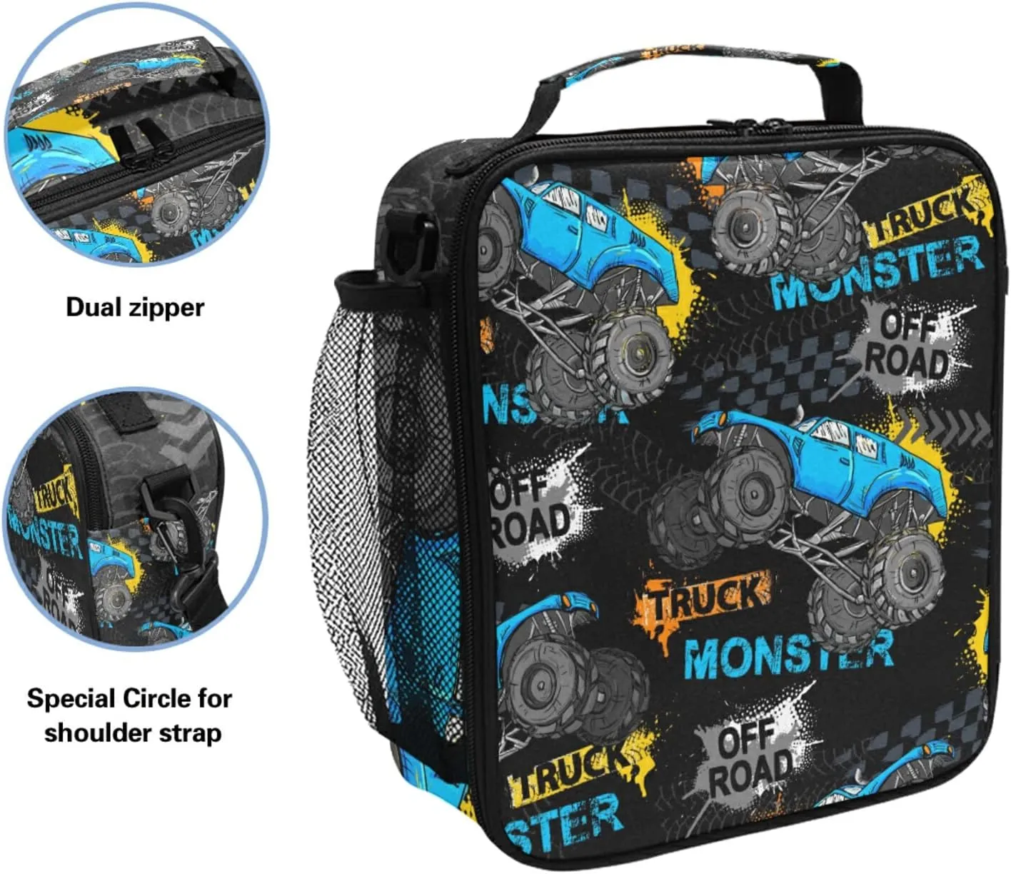 Kids Lunch Box Boys Girls Insulated Lunch Cooler Bag Monster Truck Car Trace Reusable Lunch Tote Kit for School Travel