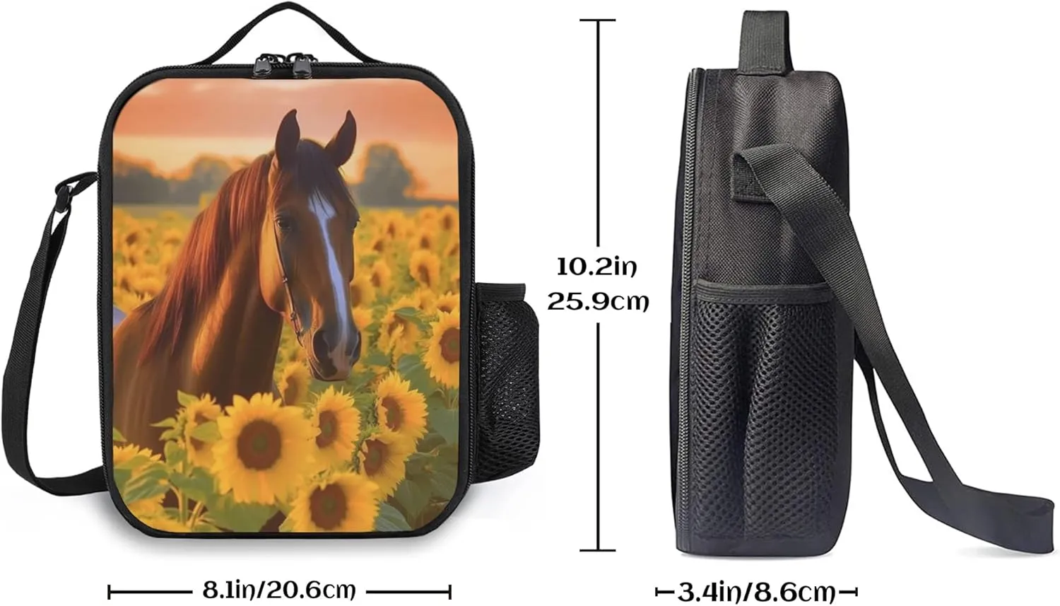 Kids Lunch Box, Insulated Lunch Bag for Girls & Boys, Sunflower Horse Lunch Bag with Shoulder Strap, School Bento Lunchbox for Kids Toddlers Teens, Black Reusable Cooler Thermal Meal Tote Kit