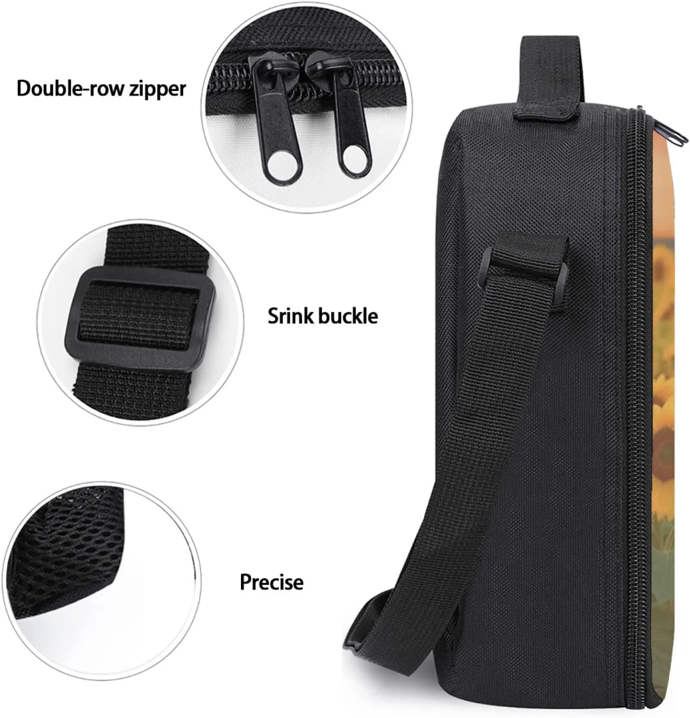 Kids Lunch Box, Insulated Lunch Bag for Girls & Boys, Sunflower Horse Lunch Bag with Shoulder Strap, School Bento Lunchbox for Kids Toddlers Teens, Black Reusable Cooler Thermal Meal Tote Kit