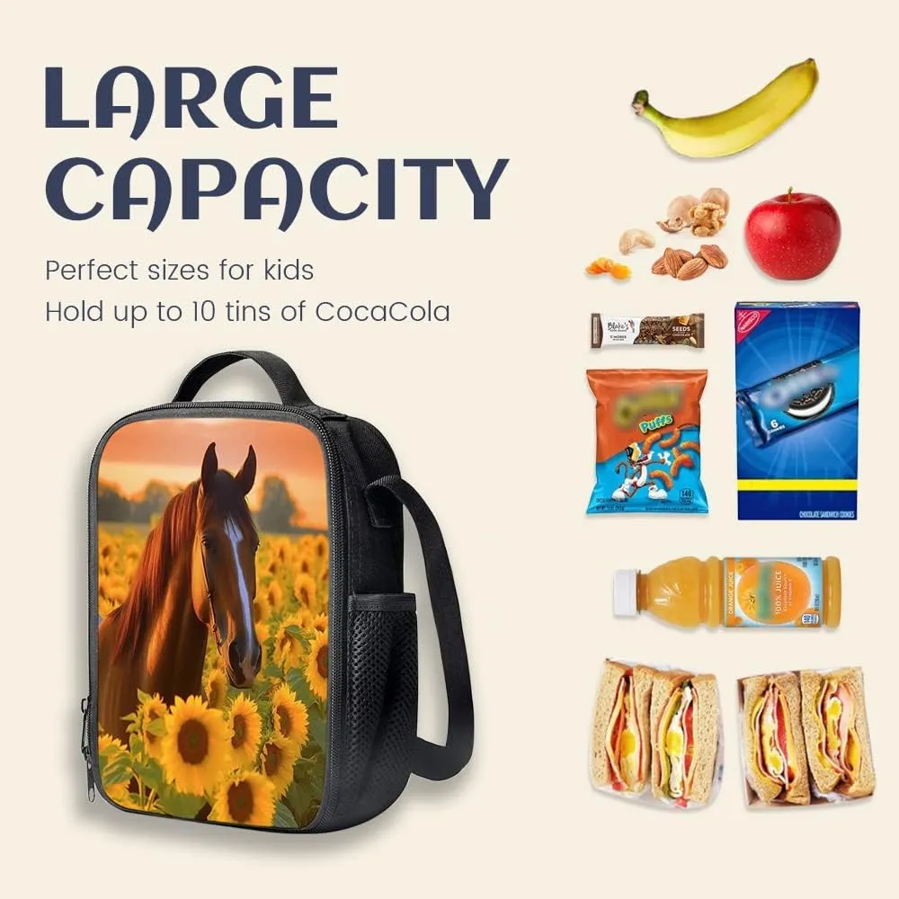 Kids Lunch Box, Insulated Lunch Bag for Girls & Boys, Sunflower Horse Lunch Bag with Shoulder Strap, School Bento Lunchbox for Kids Toddlers Teens, Black Reusable Cooler Thermal Meal Tote Kit