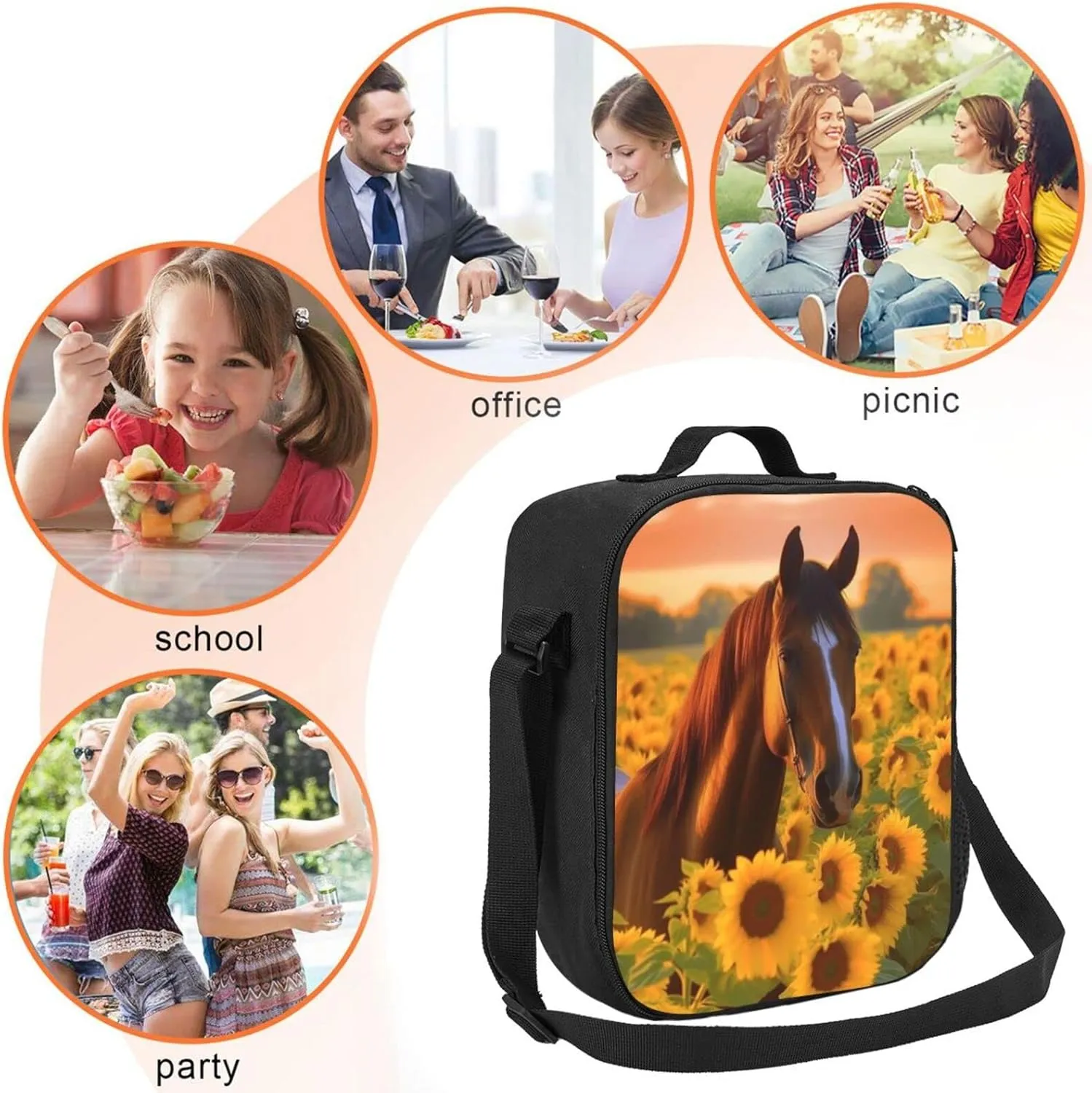 Kids Lunch Box, Insulated Lunch Bag for Girls & Boys, Sunflower Horse Lunch Bag with Shoulder Strap, School Bento Lunchbox for Kids Toddlers Teens, Black Reusable Cooler Thermal Meal Tote Kit