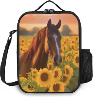 Kids Lunch Box, Insulated Lunch Bag for Girls & Boys, Sunflower Horse Lunch Bag with Shoulder Strap, School Bento Lunchbox for Kids Toddlers Teens, Black Reusable Cooler Thermal Meal Tote Kit
