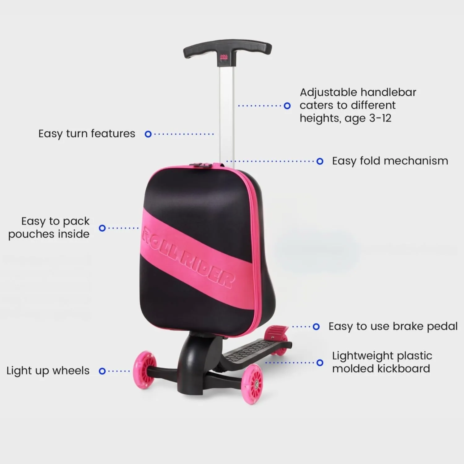 Kids Scooter Luggage - 2-in-1 Ride-On Suitcase with Light-Up Wheels & Adjustable Handle | Carry-On/TSA-Friendly | Fun, Durable, Lightweight Travel Scooter for Boys & Girls Ages 3-12