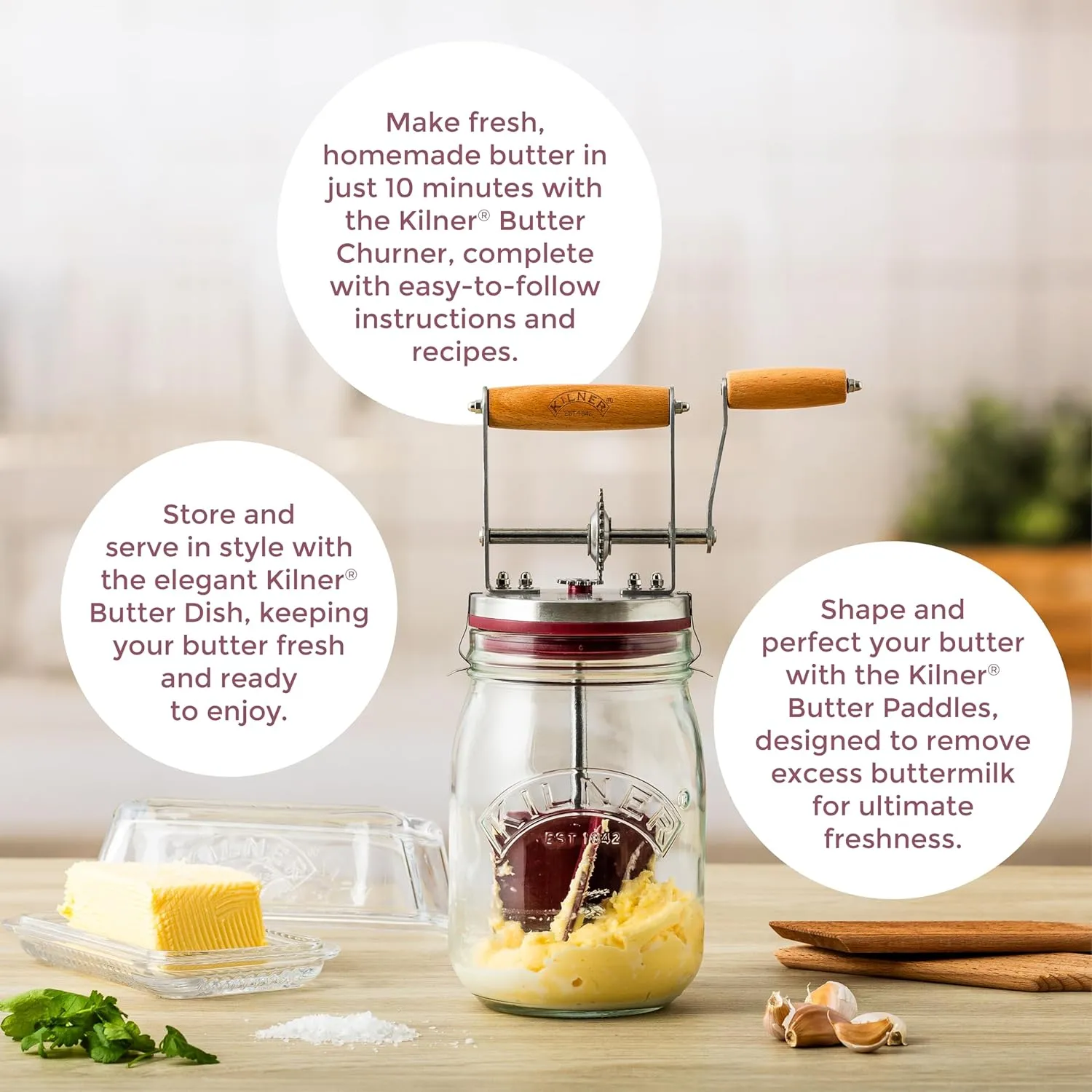 Kilner Vintage Glass Butter Churn; Delicious Homemade Butter in as Little as Ten Minutes; Large 34-Fluid Ounce Capacity Butter Churner, 1 EA