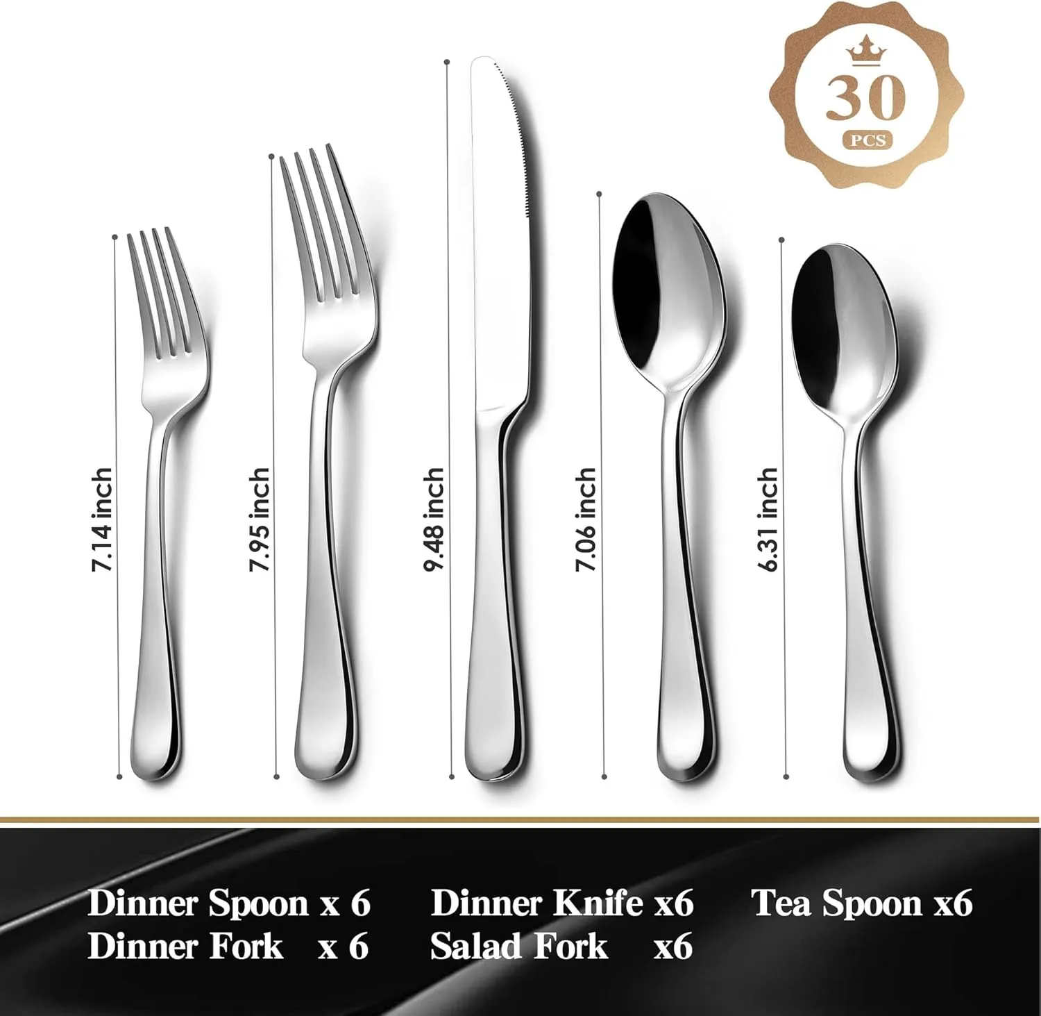 KINGSTONE 30 Pieces Silverware Set for 6, Premium Stainless Steel Flatware Set, Heavy Duty and Modern Design Cutlery Set, Mirror Polished, Dishwasher Safe