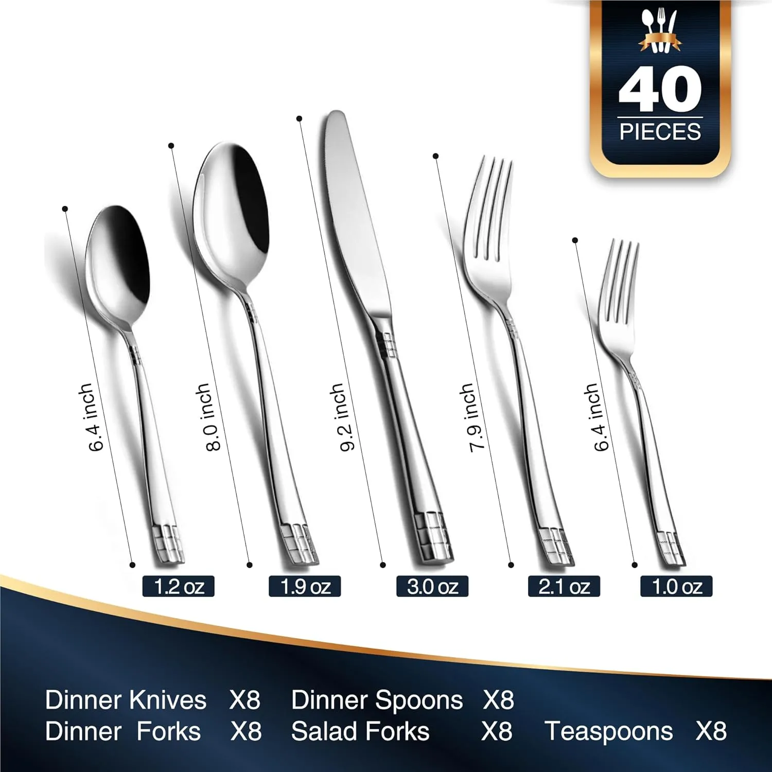 KINGSTONE Flatware Set, 40-Piece Luxury Silverware Set for 8, 18/10 Stainless Steel Cutlery Utensils Sets with European Design, Pure Hand Mirror Polished, Perfect for Family & Parties, Dishwasher Safe