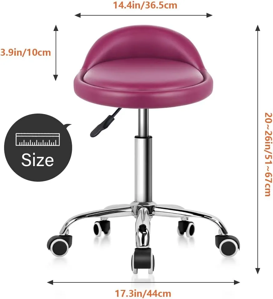 KKTONER PU Leather Round Rolling Stool with Back Rest Height Adjustable Swivel Drafting Work SPA Task Chair with Wheels (Rose red)