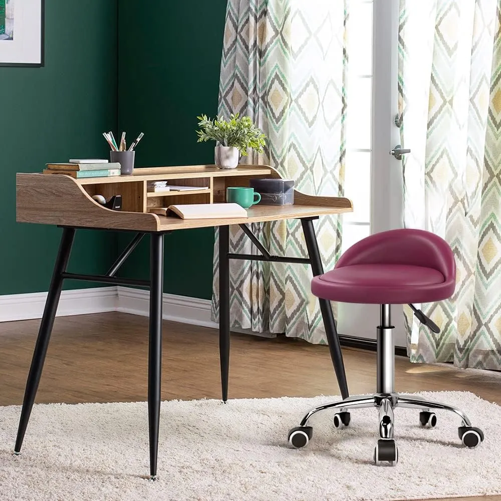 KKTONER PU Leather Round Rolling Stool with Back Rest Height Adjustable Swivel Drafting Work SPA Task Chair with Wheels (Rose red)