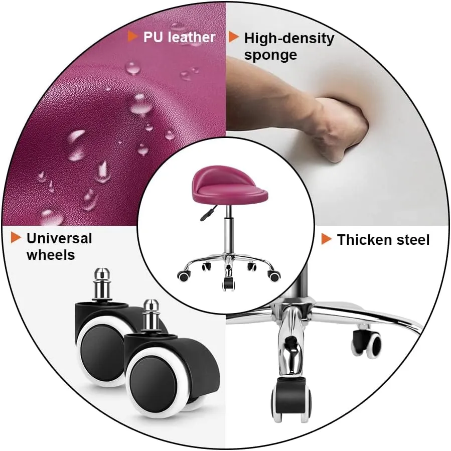 KKTONER PU Leather Round Rolling Stool with Back Rest Height Adjustable Swivel Drafting Work SPA Task Chair with Wheels (Rose red)