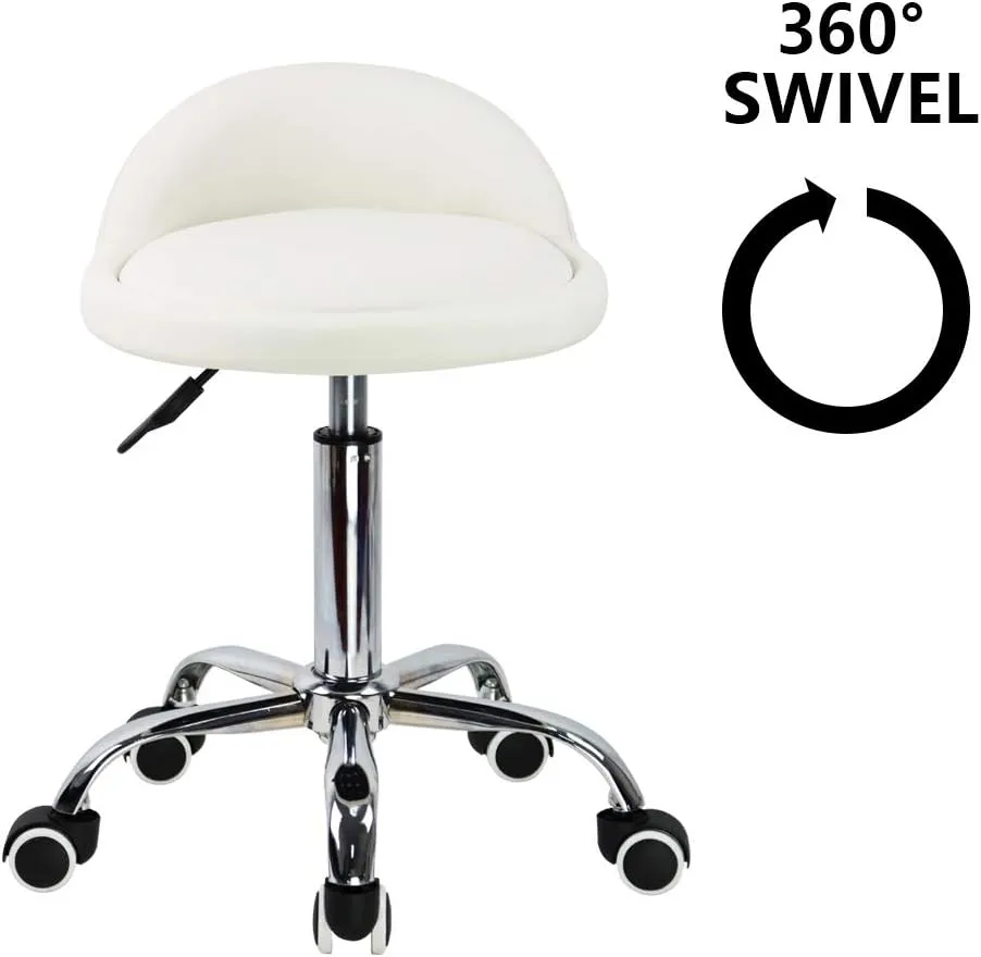KKTONER PU Leather Round Rolling Stool with Back Rest Height Adjustable Swivel Drafting Work SPA Task Chair with Wheels (White)