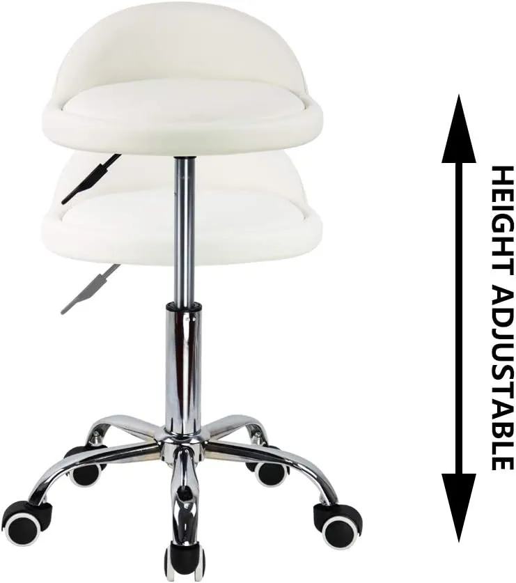 KKTONER PU Leather Round Rolling Stool with Back Rest Height Adjustable Swivel Drafting Work SPA Task Chair with Wheels (White)