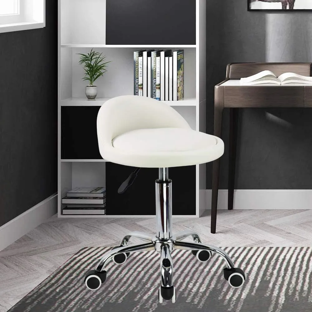KKTONER PU Leather Round Rolling Stool with Back Rest Height Adjustable Swivel Drafting Work SPA Task Chair with Wheels (White)