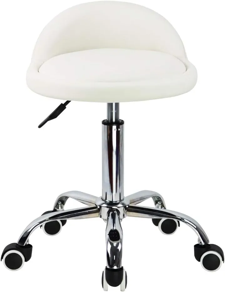 KKTONER PU Leather Round Rolling Stool with Back Rest Height Adjustable Swivel Drafting Work SPA Task Chair with Wheels (White)