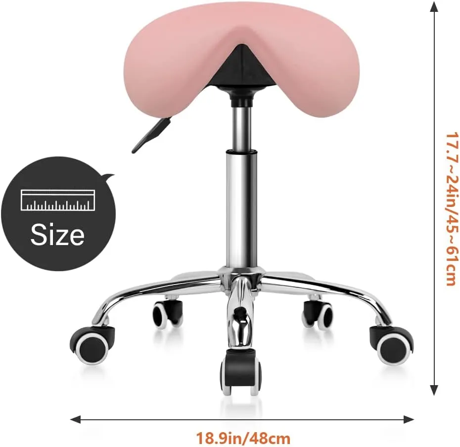 KKTONER Rolling Saddle Stool PU Leather Swivel Adjustable Rolling Stool with Wheels Salon Chair (Pink)