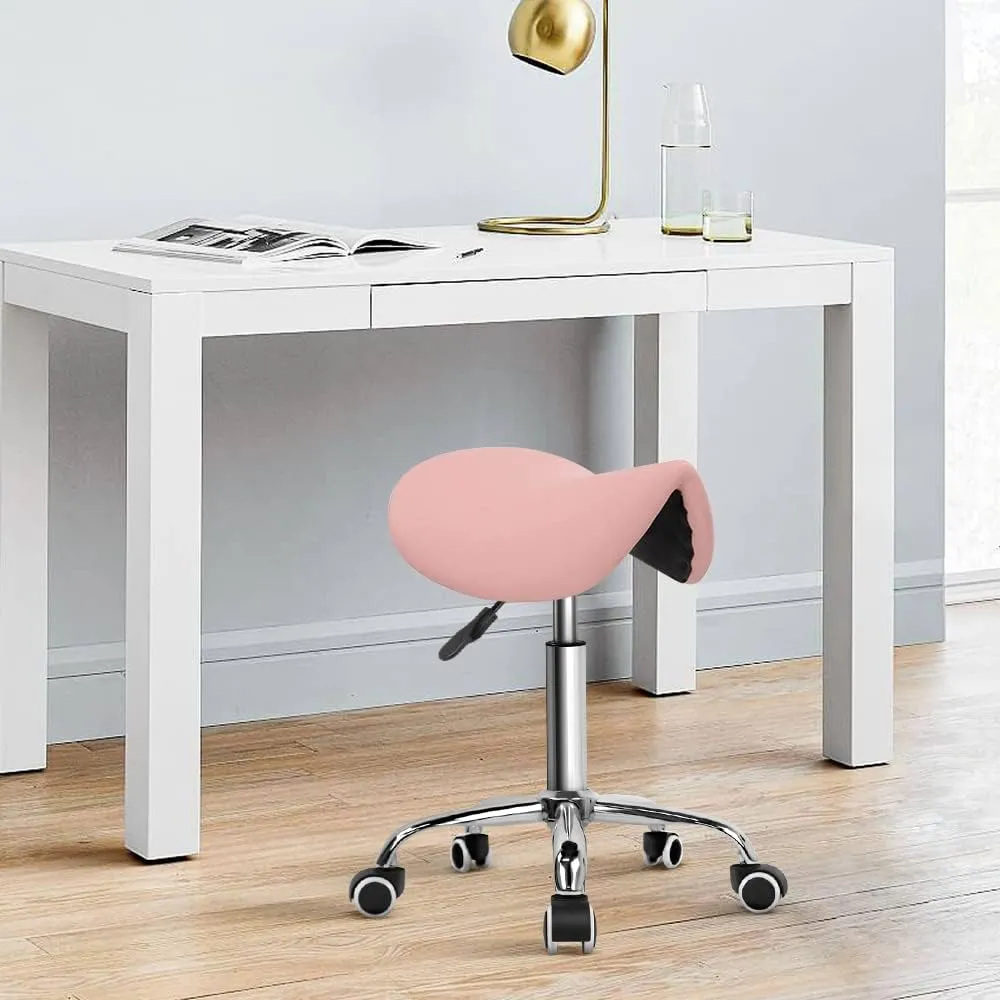 KKTONER Rolling Saddle Stool PU Leather Swivel Adjustable Rolling Stool with Wheels Salon Chair (Pink)