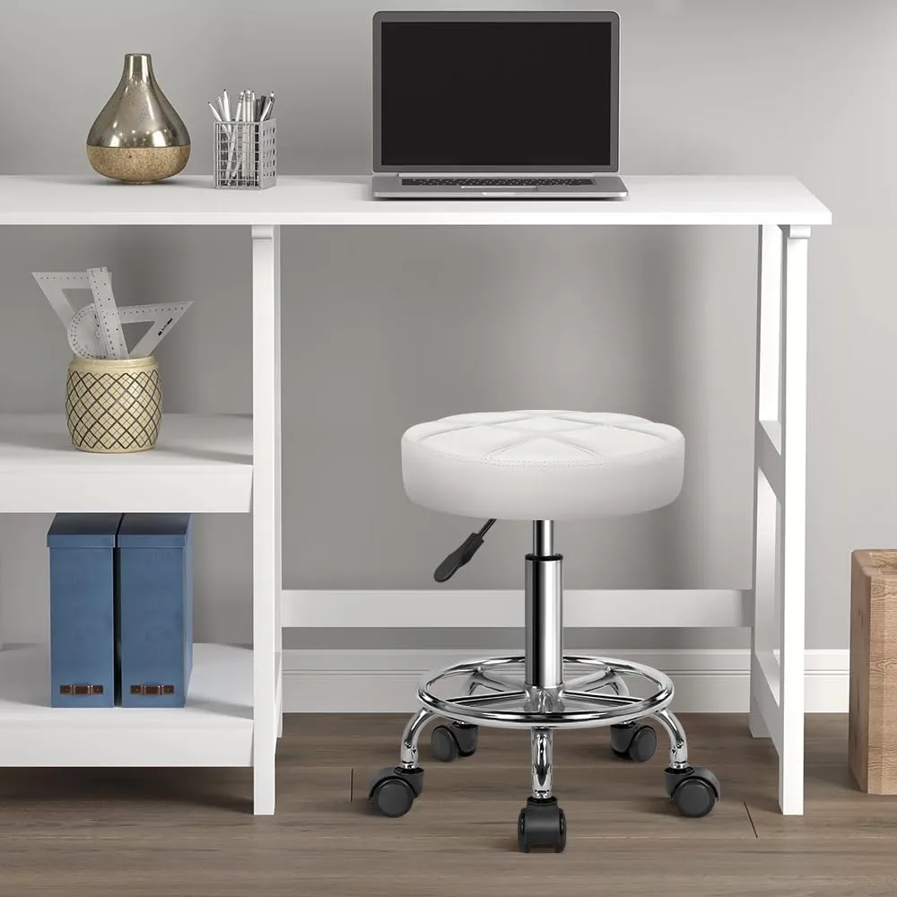 KKTONER Round Rolling Stool Chair PU Leather Height Adjustable Swivel Drafting Work SPA Shop Salon Stools with Wheels Office Chair Small (White)
