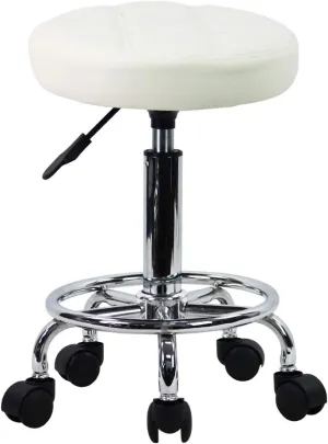 KKTONER Round Rolling Stool Chair PU Leather Height Adjustable Swivel Drafting Work SPA Shop Salon Stools with Wheels Office Chair Small (White)