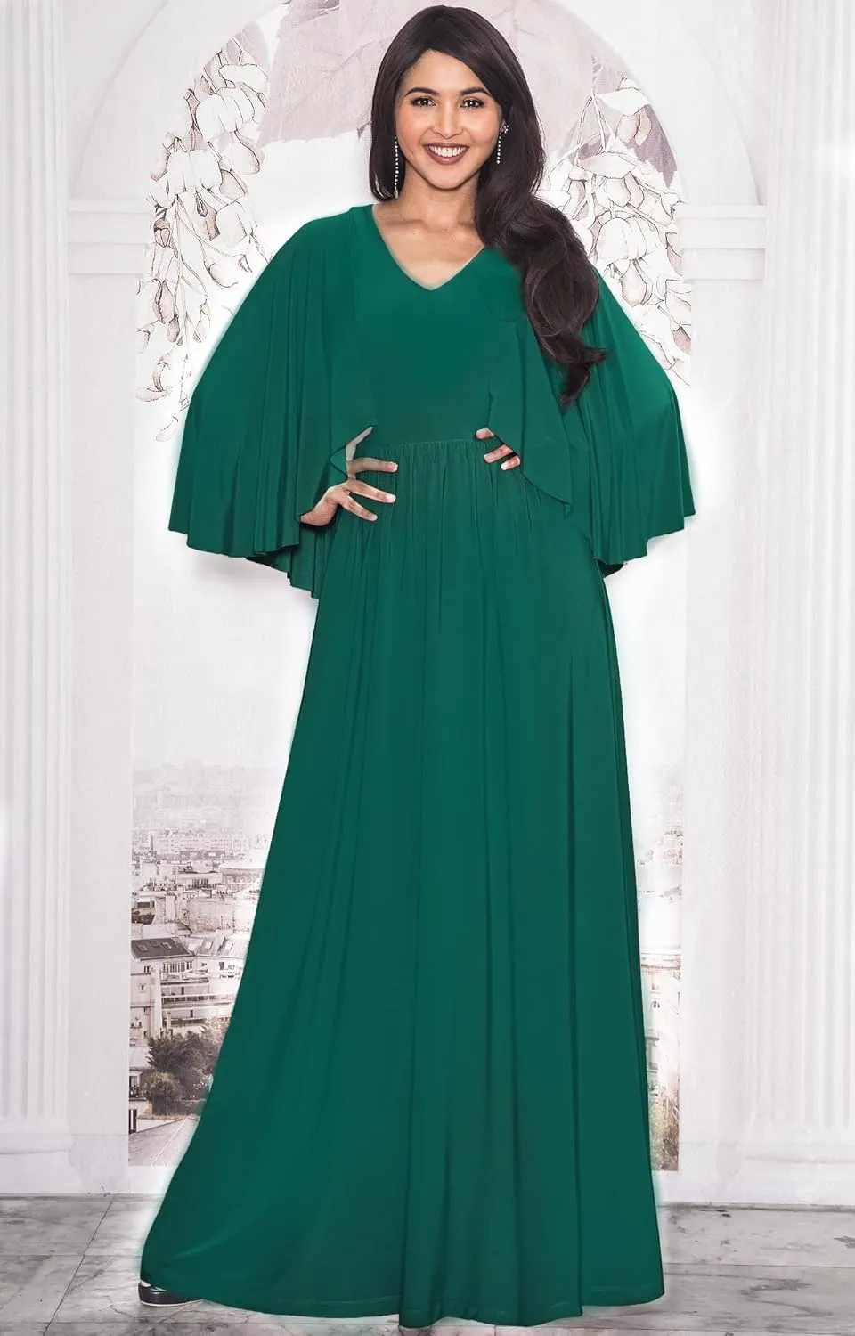 KOH KOH Womens V-Neck Elegant Batwing Cape Sleeves Cocktail Maxi Dress Gown