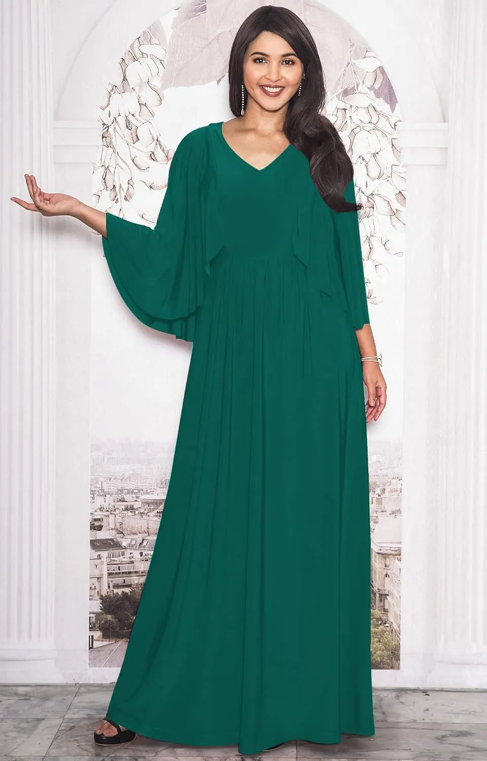 KOH KOH Womens V-Neck Elegant Batwing Cape Sleeves Cocktail Maxi Dress Gown