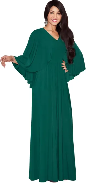 KOH KOH Womens V-Neck Elegant Batwing Cape Sleeves Cocktail Maxi Dress Gown