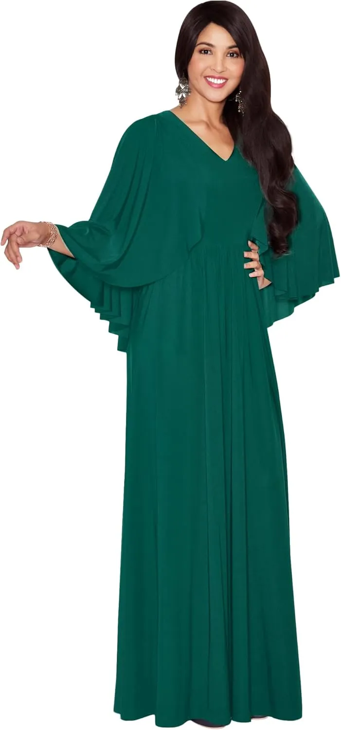 KOH KOH Womens V-Neck Elegant Batwing Cape Sleeves Cocktail Maxi Dress Gown