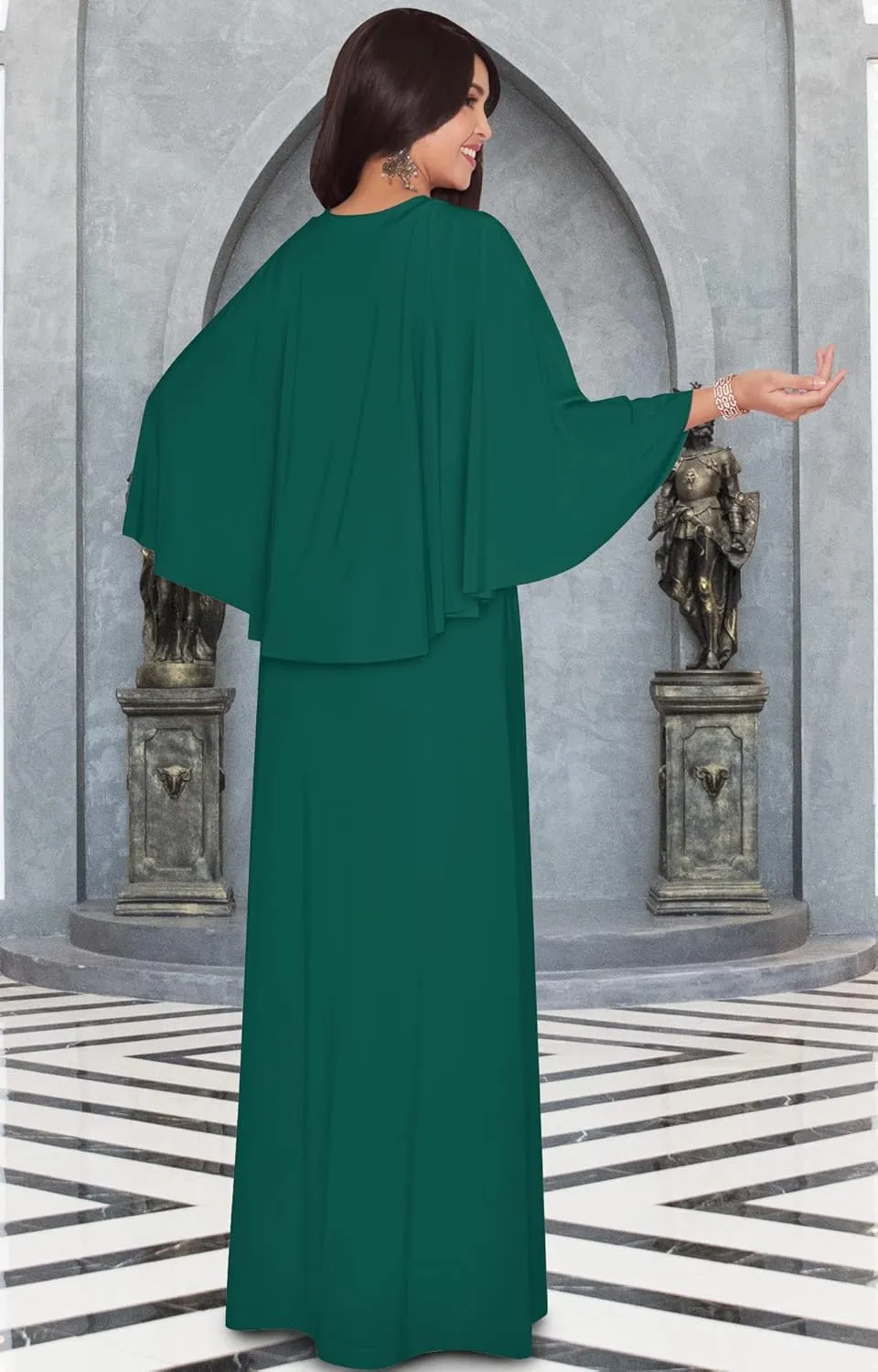 KOH KOH Womens V-Neck Elegant Batwing Cape Sleeves Cocktail Maxi Dress Gown