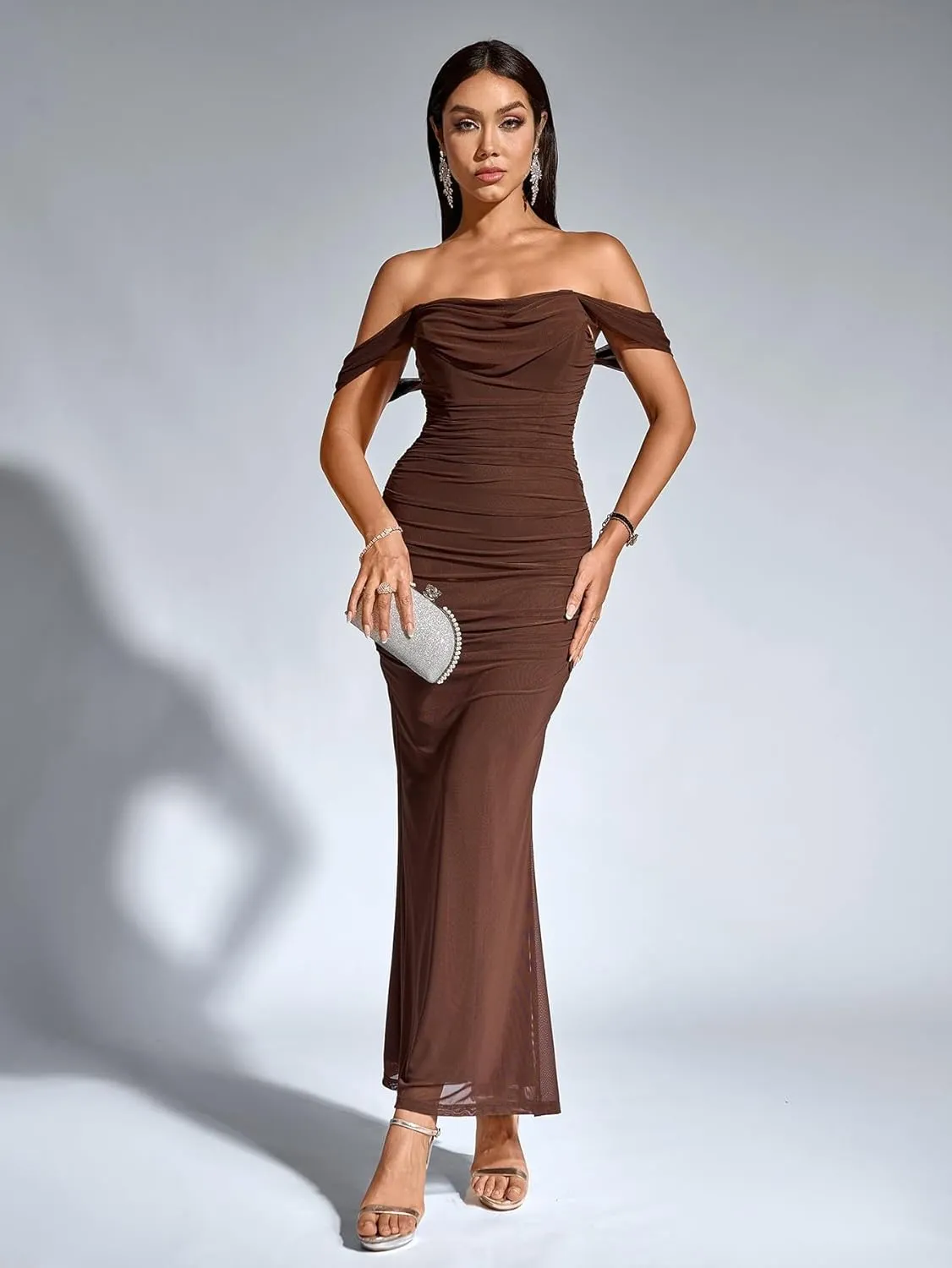 KUTUMAI Off The Shoulder Maxi Long Dress Corset Ruched Bodycon Formal Wedding Guest Dresses for Women