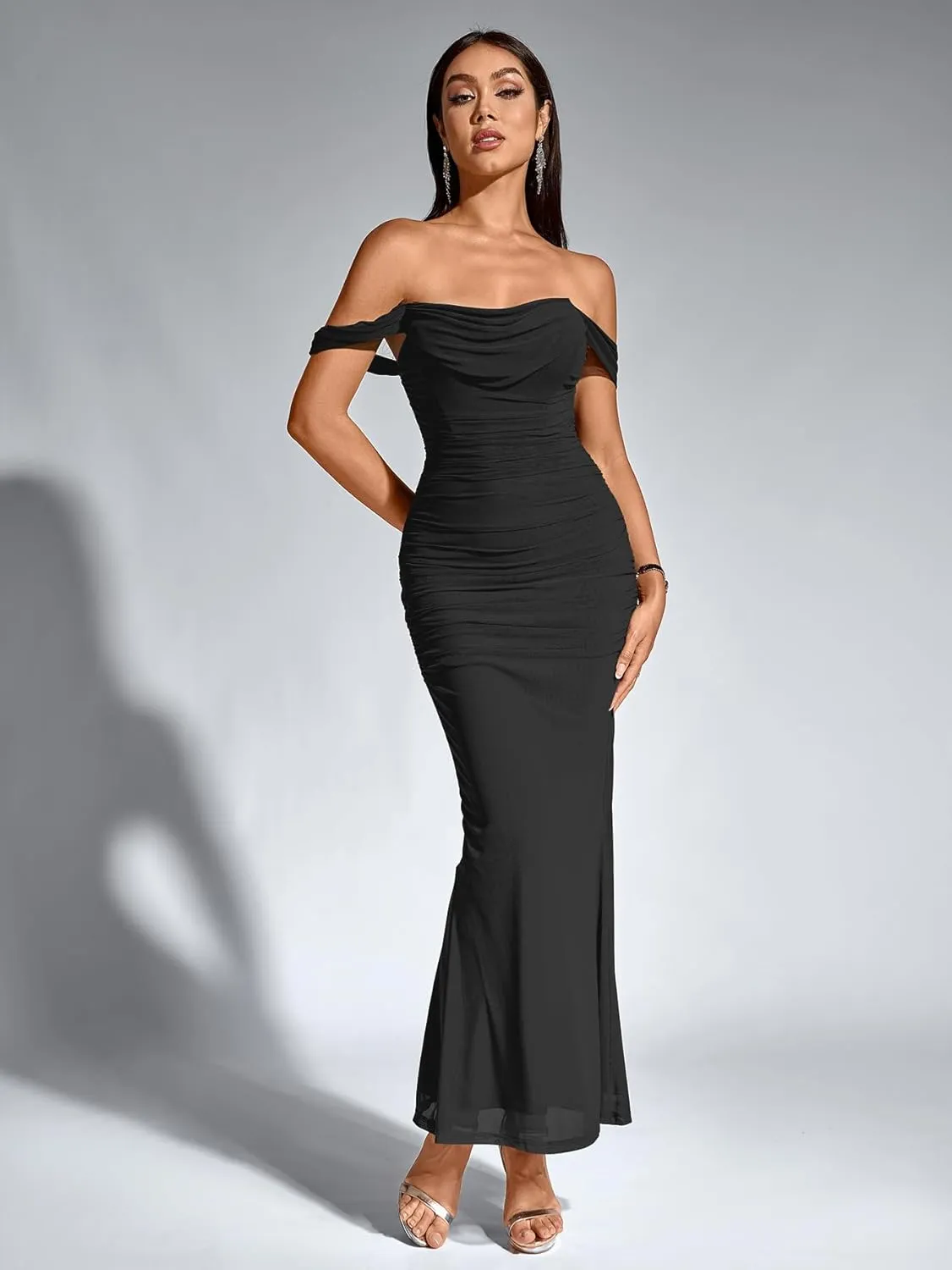 KUTUMAI Off The Shoulder Maxi Long Dress Corset Ruched Bodycon Formal Wedding Guest Dresses for Women
